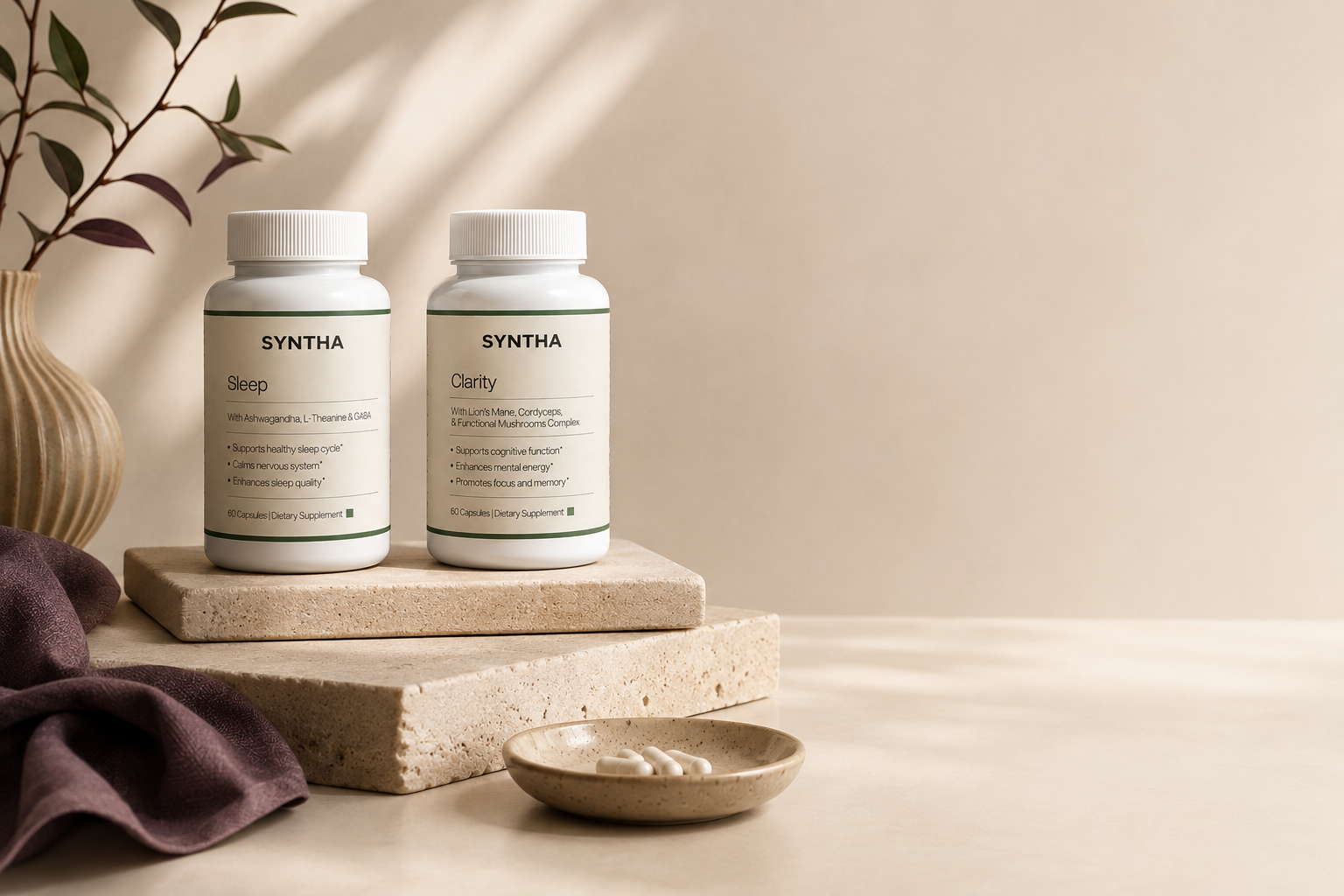 SYNTHA Sleep and SYNTHA Clarity displayed together as the Essential Pair.